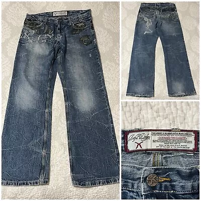 GREAT Artful Dodger Blue Denim Jeans Size 34 Leather Embroidered Bedazzled Skull • $31