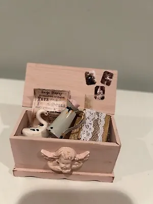 Vintage Miniature Handmade Dollhouse Trunk With Tiny Vintage Pieces • $51
