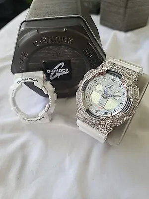 CASIO  G-Shock  (5081) GA-100B. Alarm. Chronograph - CZ Bezel White Gold Plate. • $289