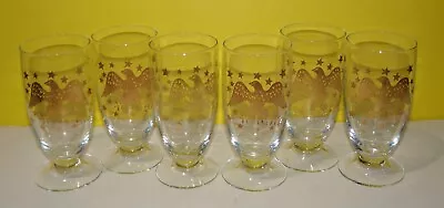 Vintage Gold Eagle & Stars Set Of 6 Six Footed Drinking Glasses 5 3/4  Tall • $24.63