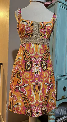 Milly Of New York Paisley Sheath Lined Dress Size 4 Pink Orange Gold Cotton • $34