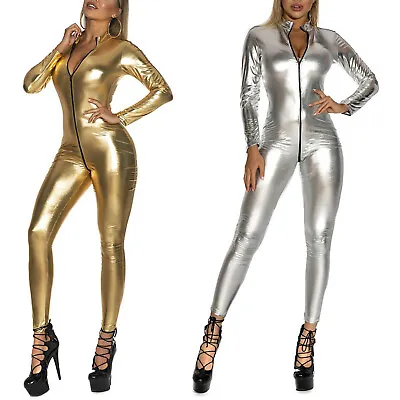 $10.11 • Buy Women Metallic Leather Jumpsuit Wet Look Full Body Suit Zipper Catsuit Clubwear