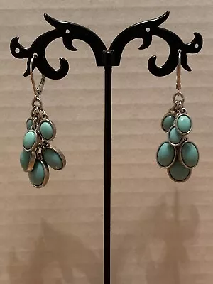 Fabulous Vintage Silver Tone Turquoise Drop Dangle Pierced Earrings • $9.34