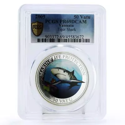 Vanuatu 50 Vatu Marine Life Protection Tiger Shark PR69 PCGS Silver Coin 2005 • $229.42