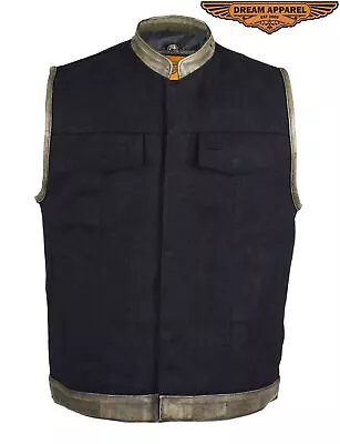 Men's Black Denim SOA Vest Motorcycle Concealed Brown Leather Trim Waistcoat • $126.13