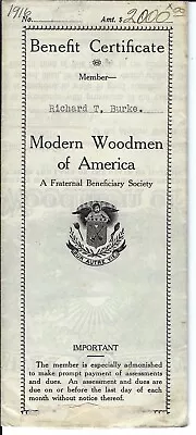 Modern Woodmen Of America Benefit Certificate 1916  • $6.95