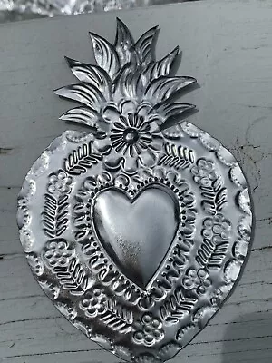Heart Milagro Mexican Handmade Unpainted Tin Ornament 6 X4  3 For$23 M07 • $8.99