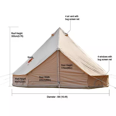 Bell Tent 5M Family 6 Person Safari Tent Waterproof Hunting Camping Glamping • $595