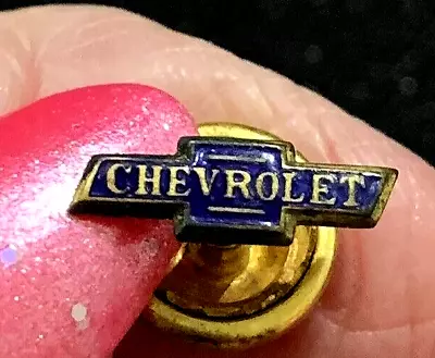 Vintage Bowtie Chevrolet Emblem Screw Back Pin Gold Tone Blue Enamel Miller Co. • $29.99