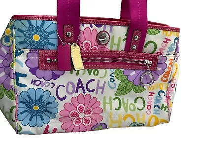Coach F14880 Pink Daisy Poppy Floral Print Nylon Leather Tote Shoulder Bag Y2K • $31.47