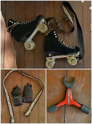 Moxi Black Panther Suede Roller Skates Size 8 & Skate Strap Key & Wrist Guards • $100