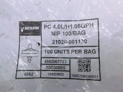 Bag Of 100 Netafim PC 4.0L/H1.06GPH NIP 21020-001130 Dripper Nipple Outlet • $64.99
