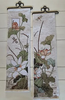 Vintage Pair Needlepoint Floral Tapestry Wall Hanging Dragonfly Metal Hangers • $32