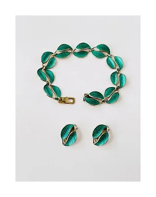Vintage David Andersen Emerald Green Leaf Guilloche Enamel Bracelet And Earings • $379.72