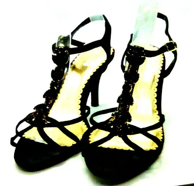 £4.97 • Buy * UK 6 EU 39 Strappy Black Satin Evening Shoe DEFINITIONS Stiletto Heel Gemstone