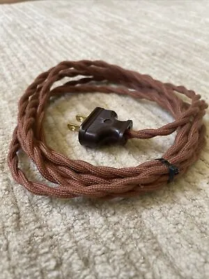 BROWN ~ 8' Vintage Lamp Cord ~ Twisted Cloth Covered Wire W/ BROWN Flat Plug • $16.77