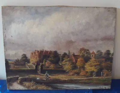 Antique Early 19th Century Oil Painting On Canvas Rural Scene  Boy & Dog 1825 • £125