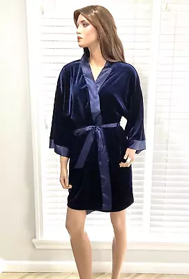 Vintage Deep Blue Velvet Satin Trim Robe By California Dynasty Sz L • $8.95