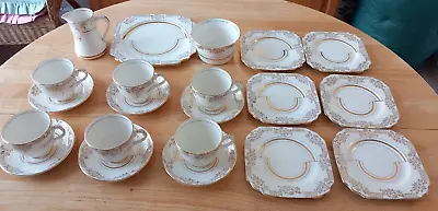 Vintage (1940s) TF & S Ltd GOLDEN DAWN Tea Set ART DECO Influenced Gold On White • £50