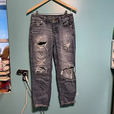 American Eagle Jeans Womens 0 Blue Medium Wash Boy Crop Distressed Pants 30x26 • £14.55