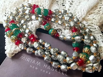 Miriam Haskell Sign Rope 48 L Gray Baroque Pearl Red & Jade Beads Brass Accents • $205