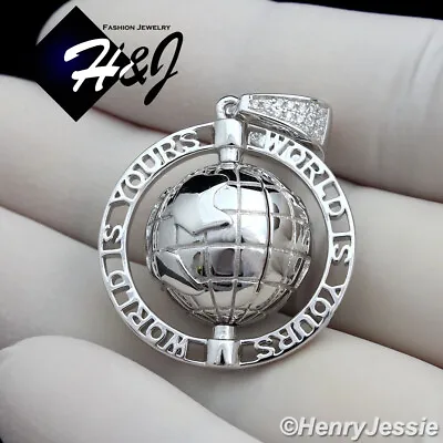 Men 925 Sterling Silver Icy Bling Cz  World Is Yours  3d Spin Globe Pendant*s138 • $58.99