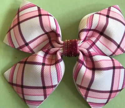 Girls Large Pink/White/ Wine Tartan H.Made  Ribbon School Hair Bow /Clasps /Clip • £3.99