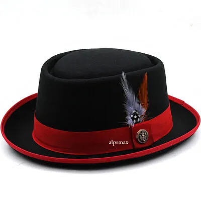 Men's Pork Pie Dome Top Hat Wool Flat Fedora Gambler Feather Dance Jazz Hat • $12.99