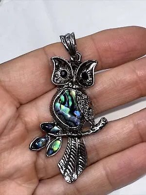 Owl Pendant Silver Tone Faux Abalone Blue Marbled Branch Charm Bird • $9.99