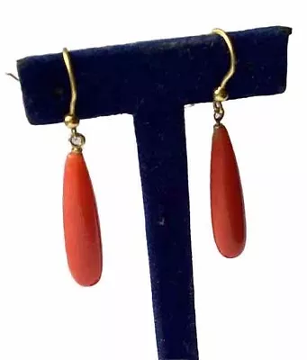 Vintage Drop Earrings 18kt Y Gold Orange Coral Dangle Teardrop Not Scrap 3.12gm • £99.99