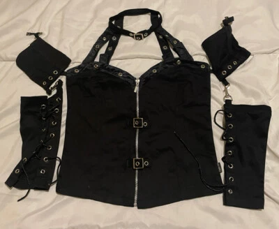 Spiral Direct Black Corsette Top With Arm Cuffs & Choker Goth Alternative Medium • £4.99