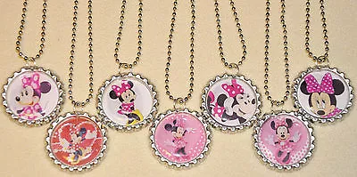 SET OF 7-  MINNIE MOUSE  Flat Bottlecaps W/ 7 Necklaces.Birthday Party Favors. • $9.79