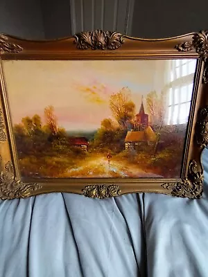 Antique Oil On Board Figure Passing A Church In A Rural Setting • £31