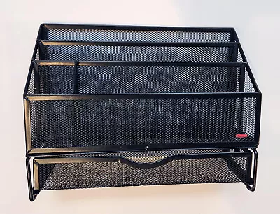 Rubbermaid Office DESK ORGANIZER Black Mesh Paper Pencil Holder DESKTOP W Drawer • $21.95