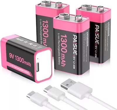 Pack Of 4 9V Rechargeable Batteries 1300mAh High Capacity Lithium-ion Long Lasti • $45.49
