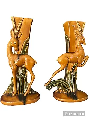 Royal Haeger Mcm USA Art Deco Ceramic Glaze Gazelle Vases 706707 • $152