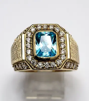REAL 10Kt. MEN'S VERY ELEGANT YELLOW GOLD BLUE TOPAZ & CUBIC Z. RING SIZE 10.5. • $1000