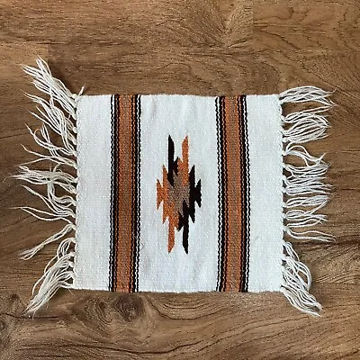 Vintage Tiny Rug Sample Placemat Fringed Woven White Orange Brown Mexico • $15.95