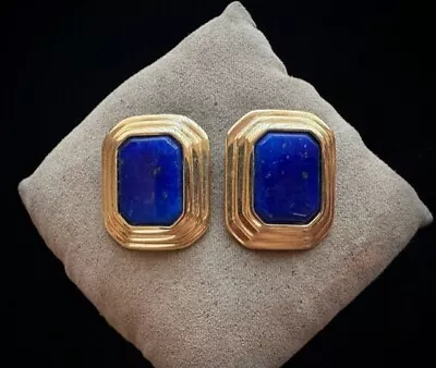 Vintage Carolee Faux Lapis Lazuli Tiered Gold Tone Mod Deco Clip Earrings • $55