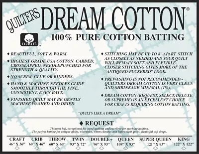 Quilter's Dream Batting Request Twin Cotton (Natural) • $30.99