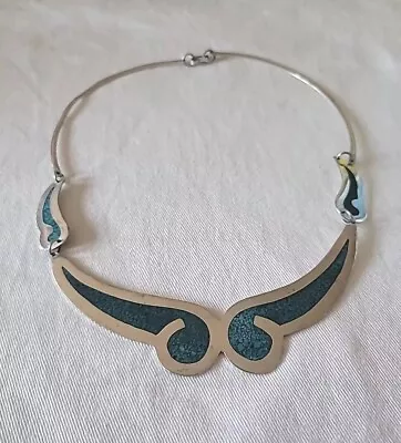 Vintage Turqoise Inlaid Necklace Sterling Silver Choker Bib Mexico • $44