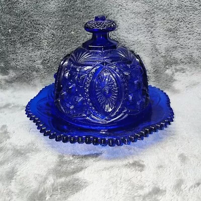 Vtg Cobalt Blue Glass INVERTED THISTLE Round Dome Covered Butter / Cheese Dish • $29.99