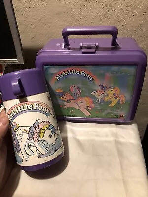 Vtg 1990 My Little Pony Purple Lunchbox W/ Thermos - Aladdin - Hasbro - Rainbow  • $15.59