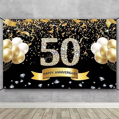 50th Wedding Anniversary Decorations Black Gold 50th Anniversary Banner Backdrop • $20.25