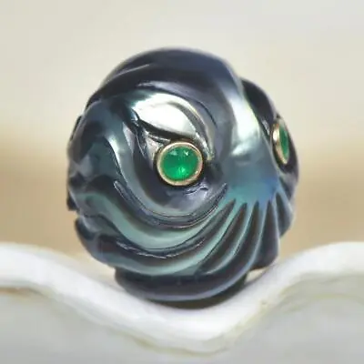 $99 • Buy Octopus Carved Black Tahitian Pearl & Emerald Gemstone Eyes Undrilled 1.48 G