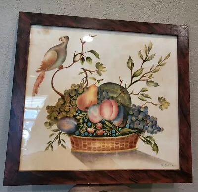 VTG Folk Art Theorem Painted Fabric? Bird Fruit Branches Basket Framed M COLVIN • $125