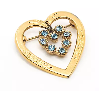 Aqua Blue Rhinstone Gold Toned Etched Heart Charm Vintage Brooch • $9.60