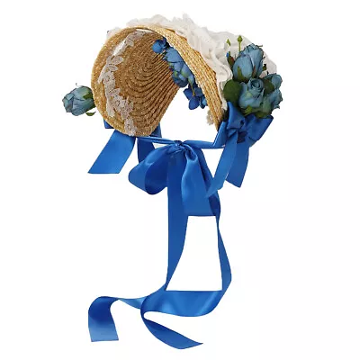 Victorian Women's Lace Up Straw Hat Blue Floral Bonnet Hat Costume Tea Party Hat • $42.89