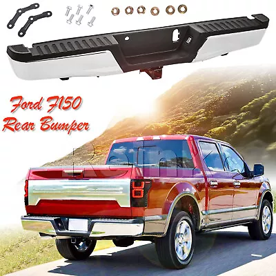 Fit For 2015-2020 Ford F-150 Chrome Rear Step Bumper W/ Tow Hitch W/o Park Holes • $288.99