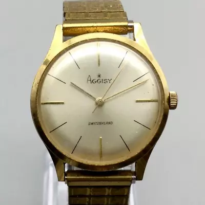 Aggisy Switzerland Watch Men 35mm Gold Tone Stretch Band Manual Wind • $35.99